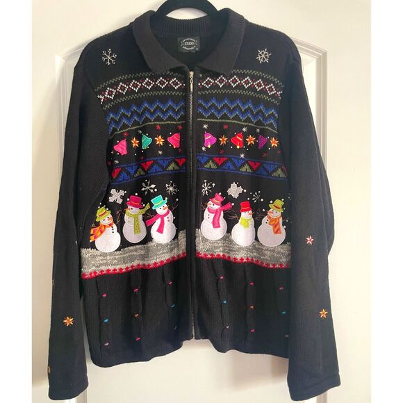 Vtg Style Holiday Snowman Christmas Sweater Full Zip Knit Cardigan Size L - Picture 1 of 6